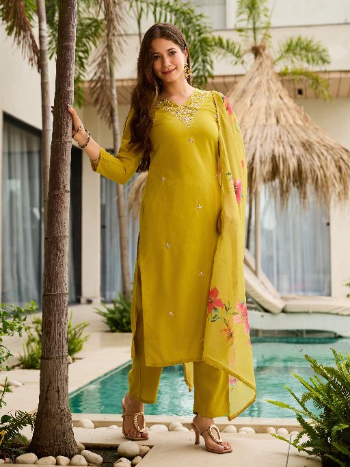 Yellow Embroidered Rayon Slub Fabric Straight Kurta, Pant and Dupatta Set