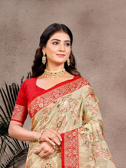 Beige Color Cotton Silk Fabric Woven Meenakari Designer Partywear Saree