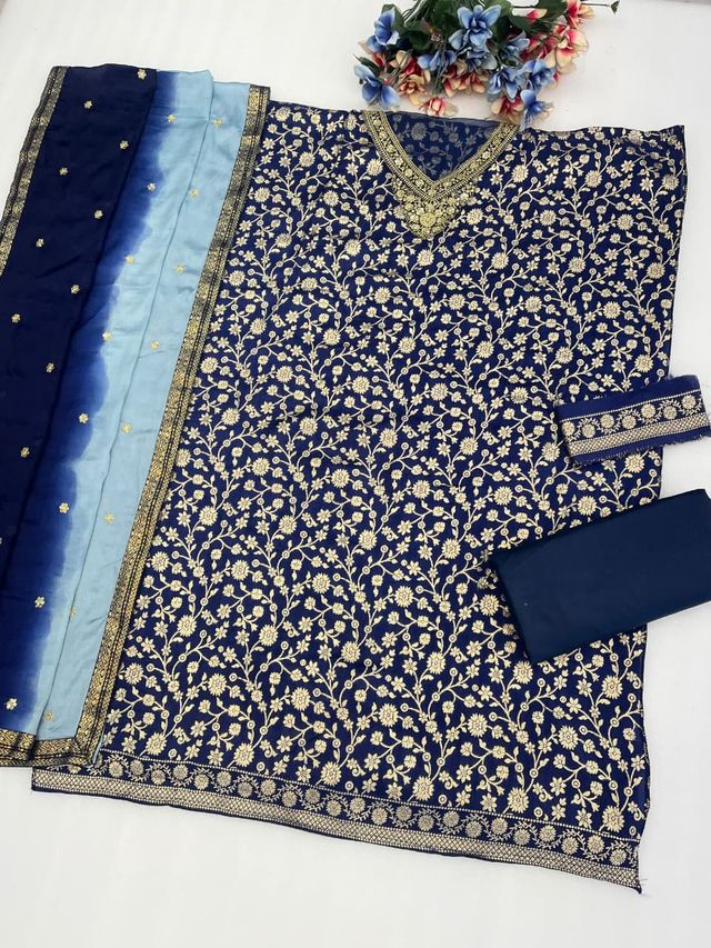 Navy Blue Chinon Semi stitched Wedding Suits