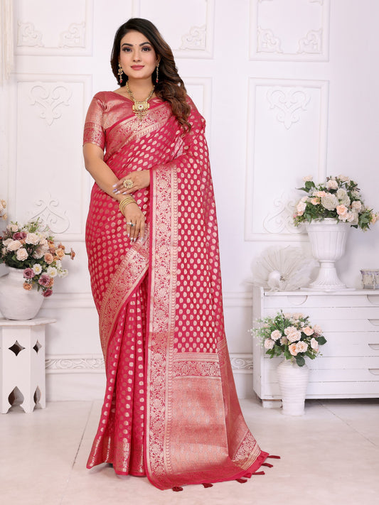 Red Weaving Soft Organza Saree With Blouse