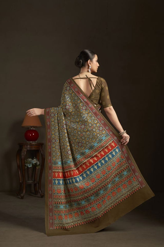 Mahendi Color Stylish Digital Printed Silk Crepe Fabric Saree For Trendy Looks