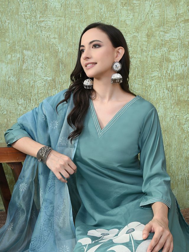 Teal Color Roman Silk Fabric Designer Partywear Readymade Suit