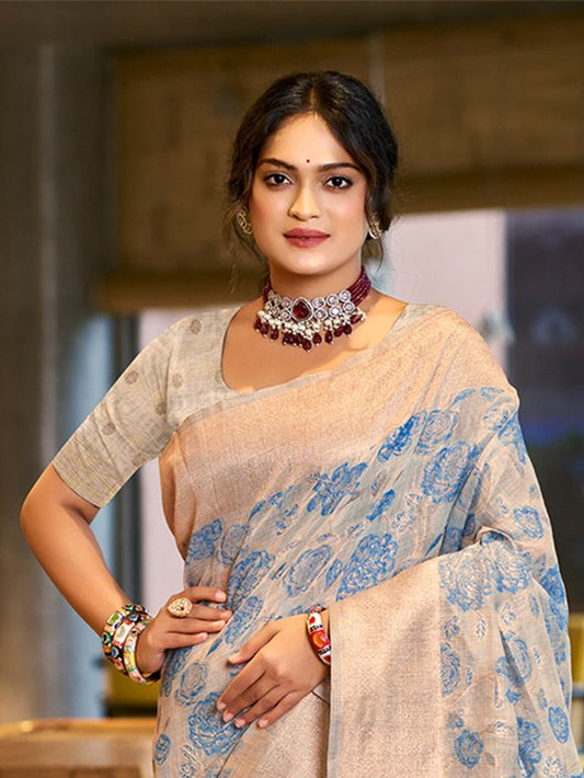 Sky Blue Color Cotton Silk Fabric Woven Designer Ceremonial Saree