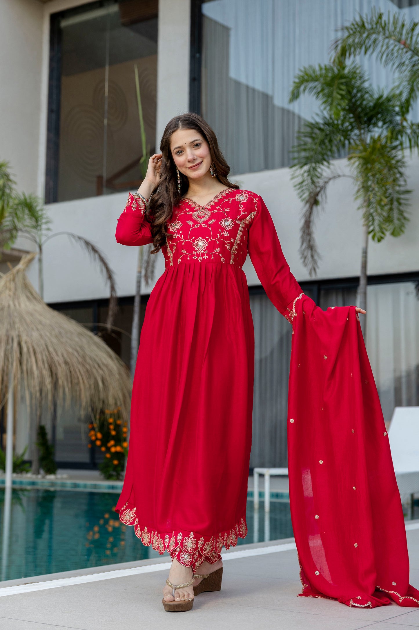 Women's Beautiful Vichitra Silk Fabric Embroidery Work Flared Anarkali Pant and Dupatta Set Red