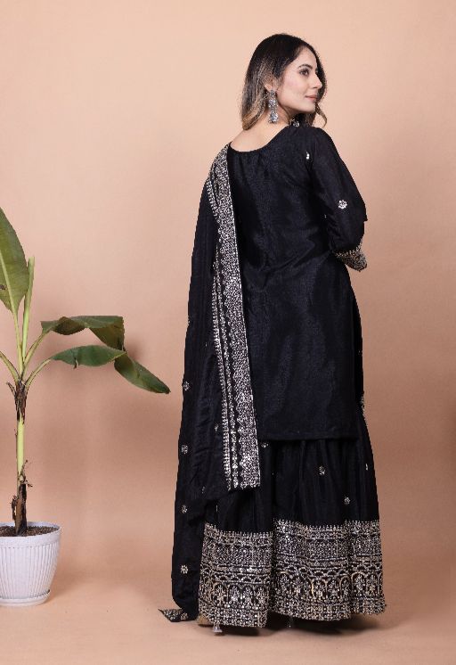 Beautiful Women's Chinon fabric Embroidery work Kurta with Sharara and Dupatta set