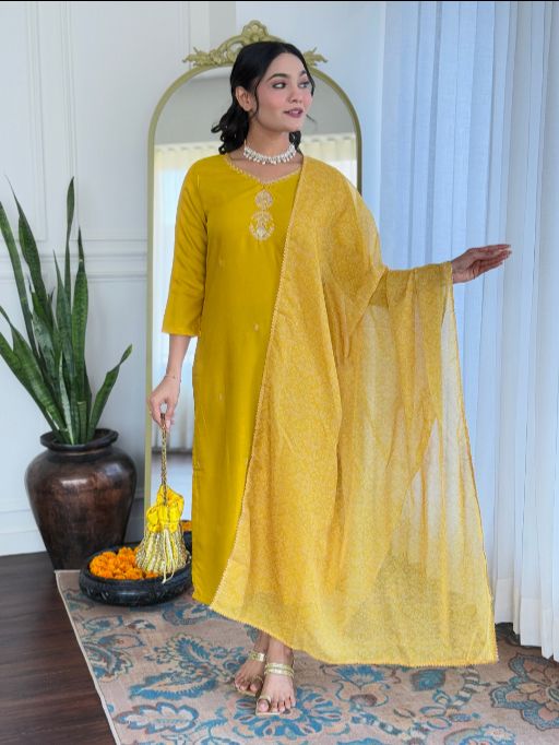 Women Beautiful Embroidery Rayon Fabric with Straight Kurta, Pant and Dupatta Set