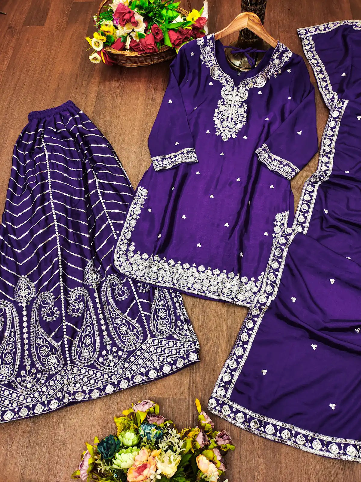 Women's Chinon fabric Embroidery work Kurta with Sharara and Dupatta set-78