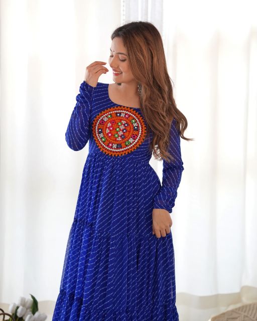 navratri outfit for women,bandhni navy blue , chaniya choli, durga puja outfit for women ,Tiered Ruffle Dress in Rich Midnight Color