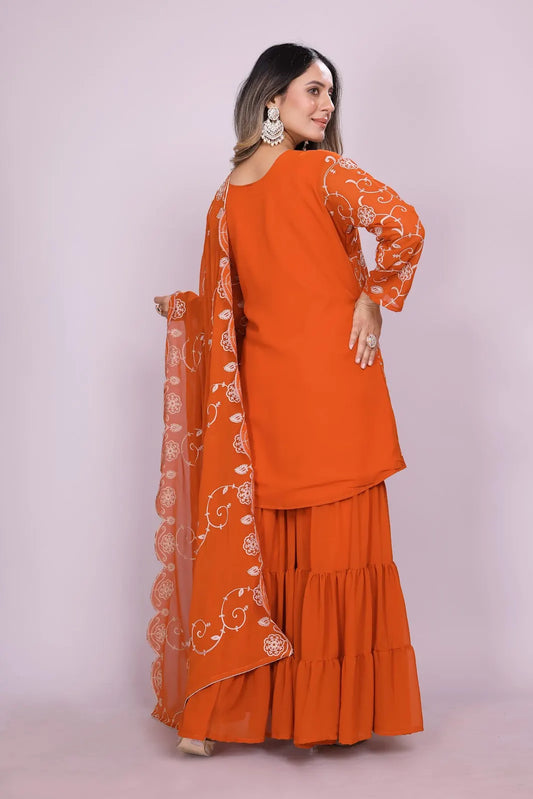 Women's Fox Georgette fabric Embroidery work Kurta with Sharara and Dupatta set 71 Orange