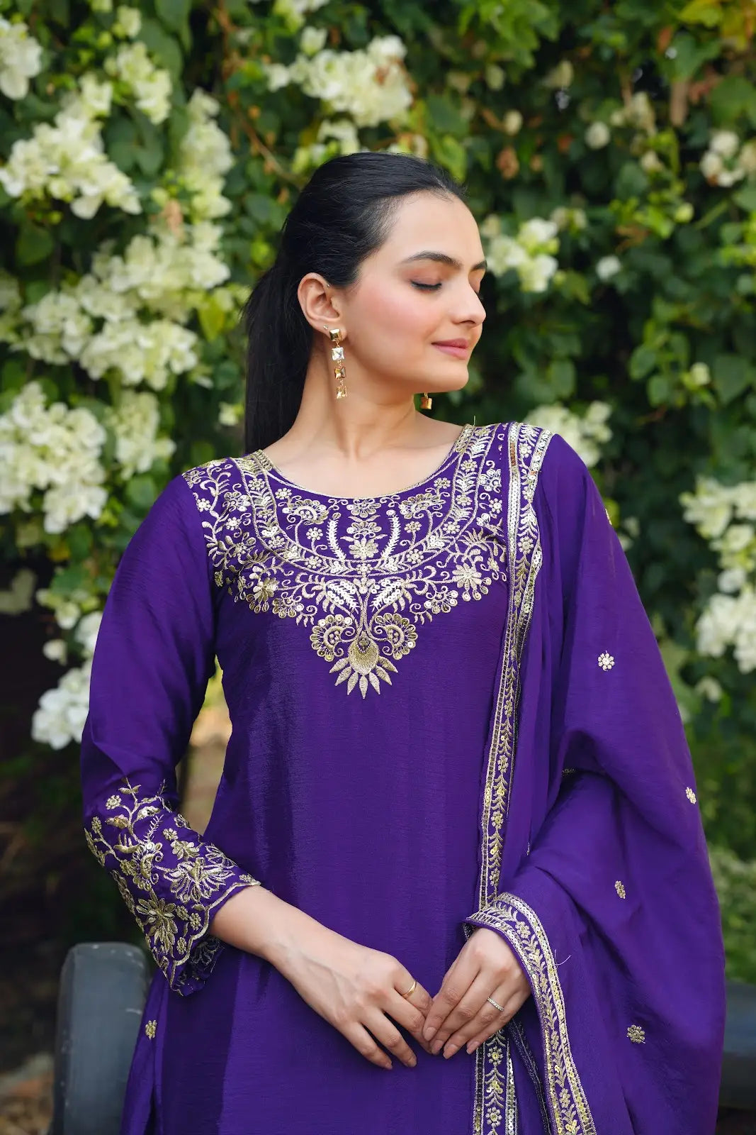 Women's Beautiful Embroidery Work Chinon Fabric Straight Kurta Sharara and Dupatta Set