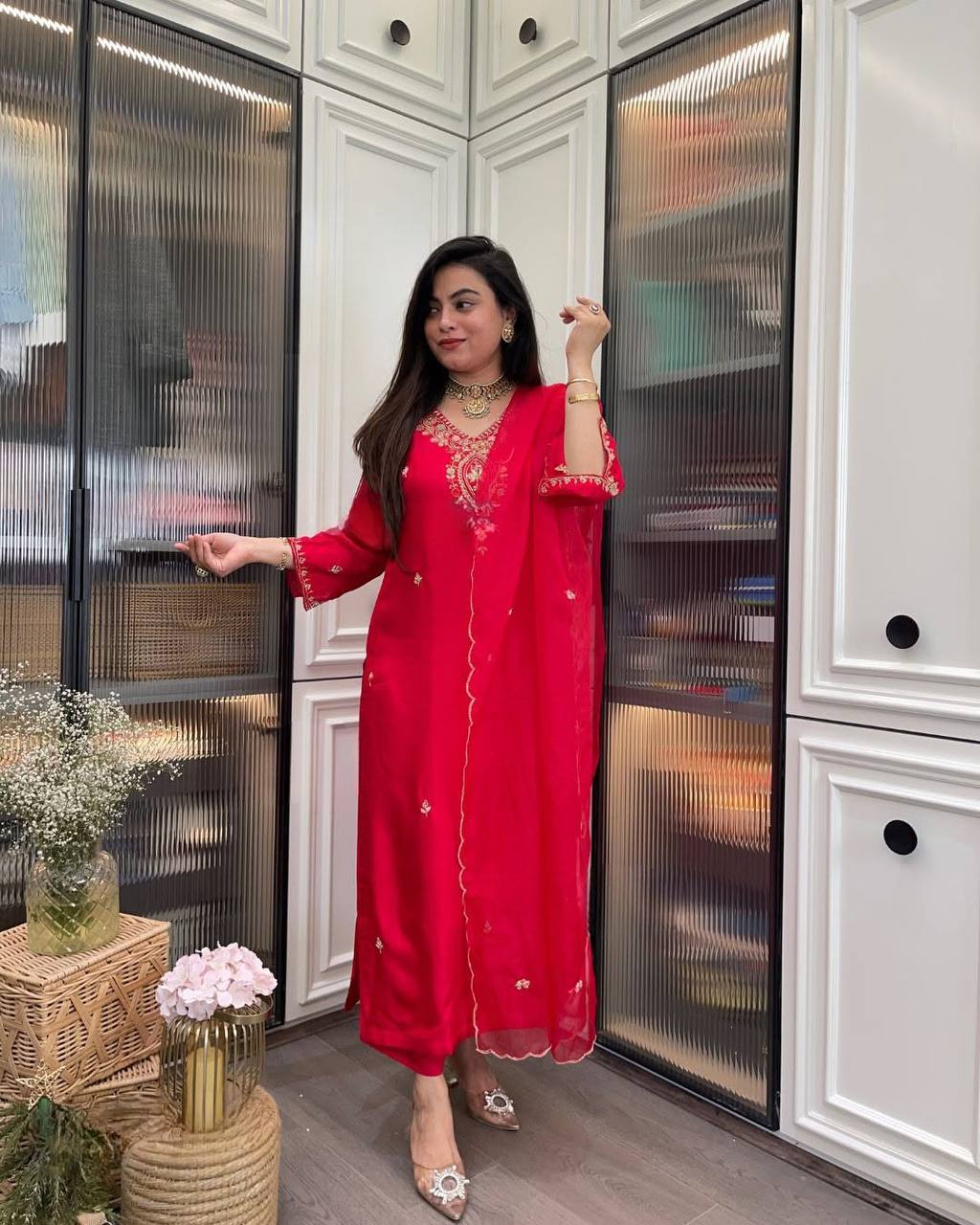 Beautiful Embroidery Rayon Fabric Straight Kurta Pant with Dupatta Set