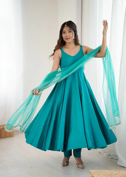 Women's Beautiful Roman Silk Chanderi Fabric Flared Anarkali Pant and Dupatta Set 285