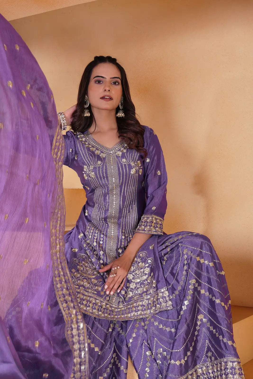 Women's Gorgeous Embroidery Work Chinon Fabric Straight Kurta Sharara and Dupatta Set-118