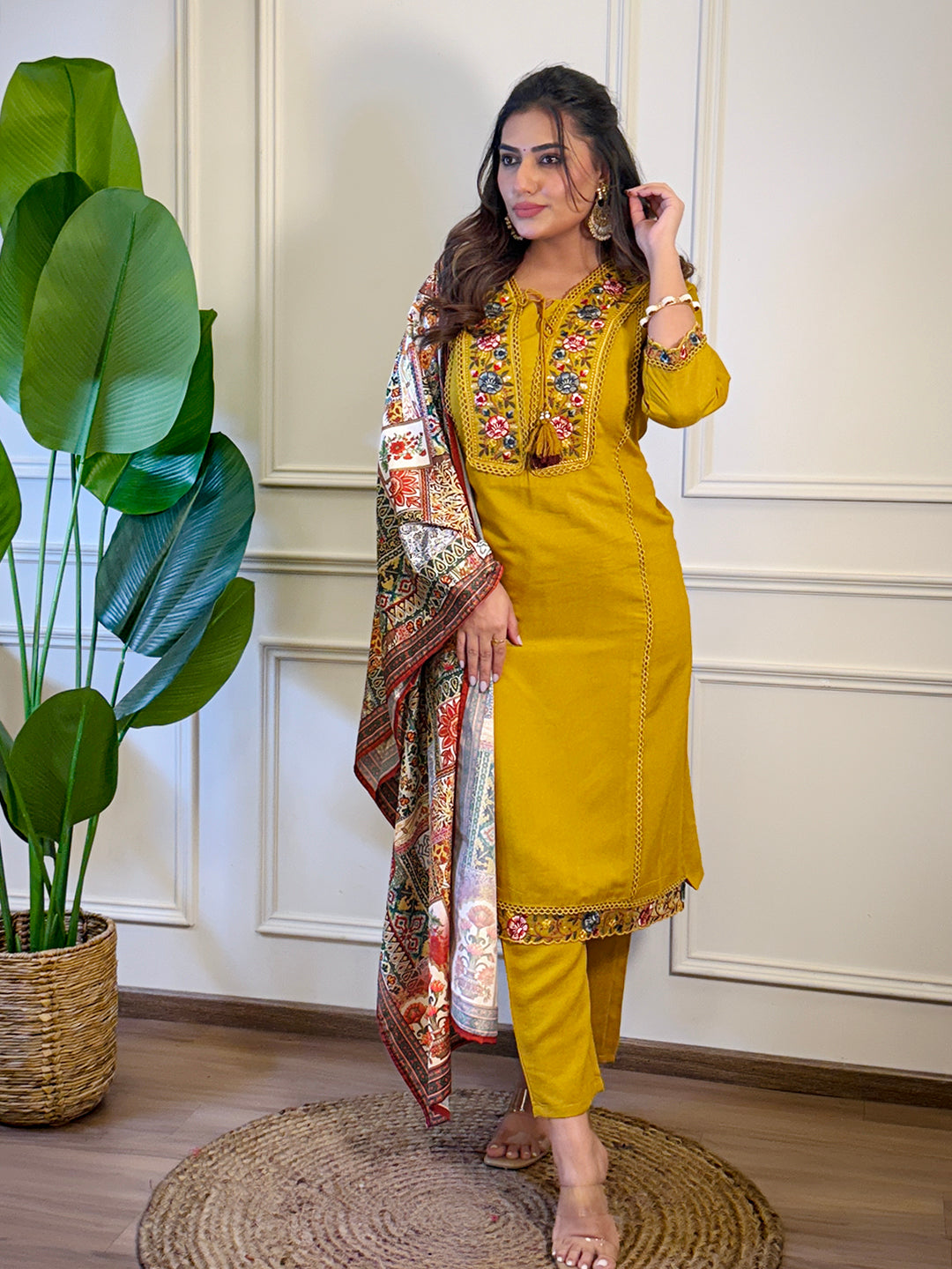 Women's Gorgeous Viscose Embroidery Straight Kurta with Pant And Dupatta Set Mustard 3887