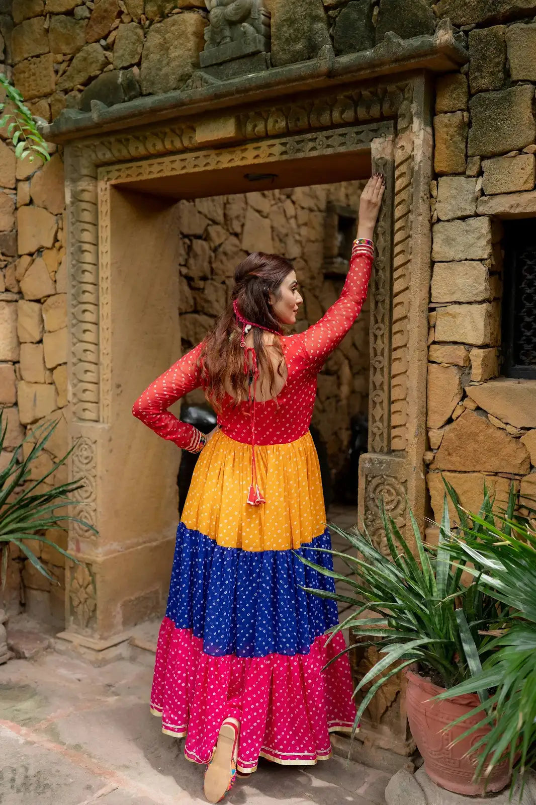 Women Gorgeous Bandhani Printed Faux Georgette Fabric Flared Gown 23