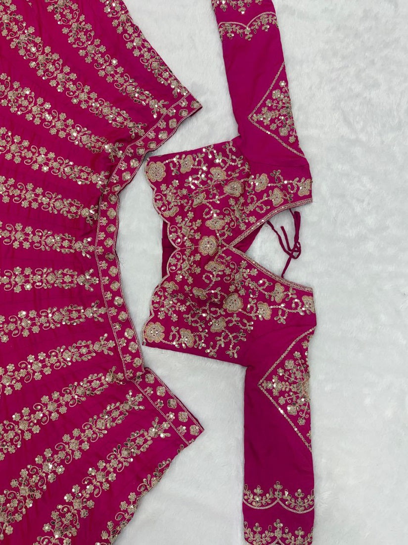 Traditional Rani Pink Embroidered Bridal Wear Lehenga Set