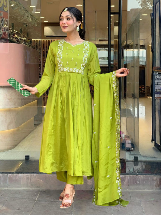 Women's Gorgeous Chinon Embroidery Flared Kurta with Pant And Dupatta Set