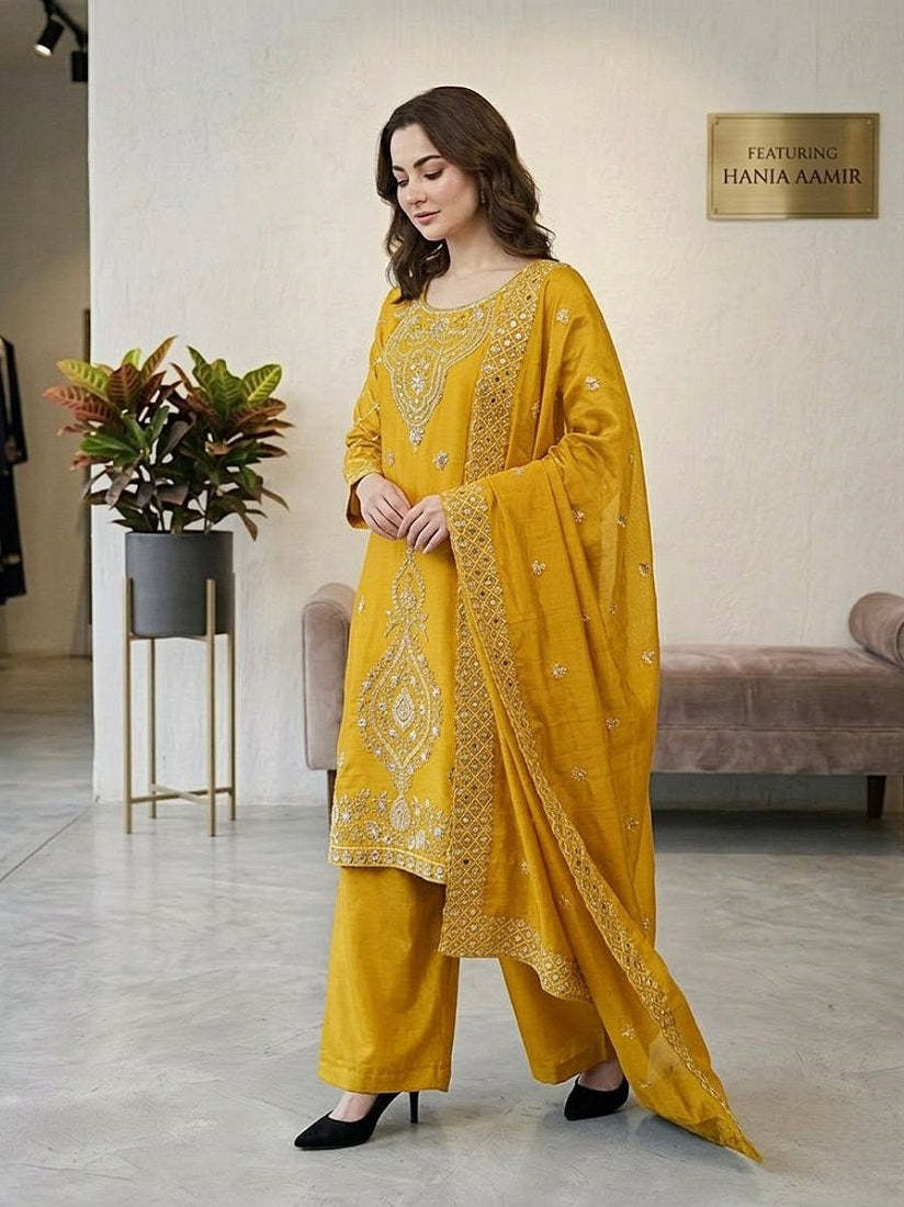 Yellow Silk Blend Embroidered Beads Work Plazzo Suit