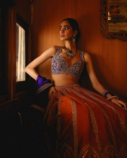 Orange Silk Embroidered Lehenga Choli with Purple Dupatta for Wedding Wear
