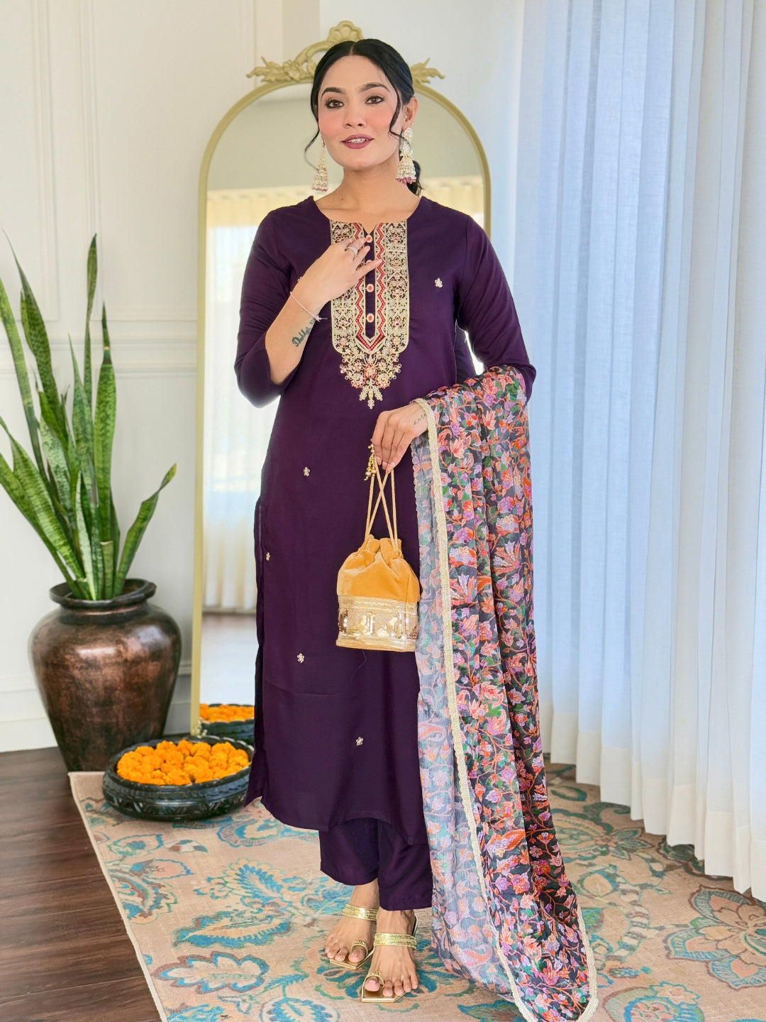 Women's Rayon Embroidery work Straight Kurta with Pant and Dupatta Set