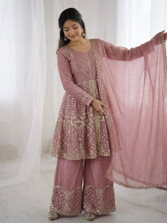 Onionpink Fendy Satin With Embroidered Sequince Work Plazzo Set