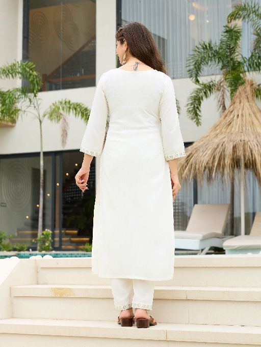 Women Beautiful Rayon Slub Fabric Embroidery Work Straight Kurta, Pant and Dupatta Set