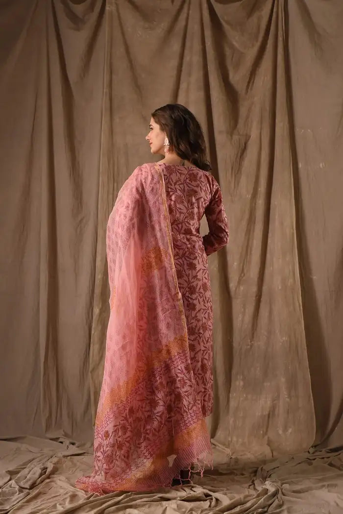 Women's Beautiful Roman Linen Slub Fabric Printed Work Straight Kurta Pant and Dupatta Set