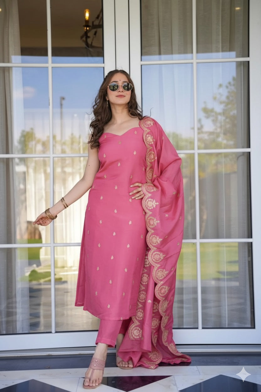 Women Viscose Zari Chanderi Fabric Embroidery Work Straight Kurta, Pant and Dupatta Set