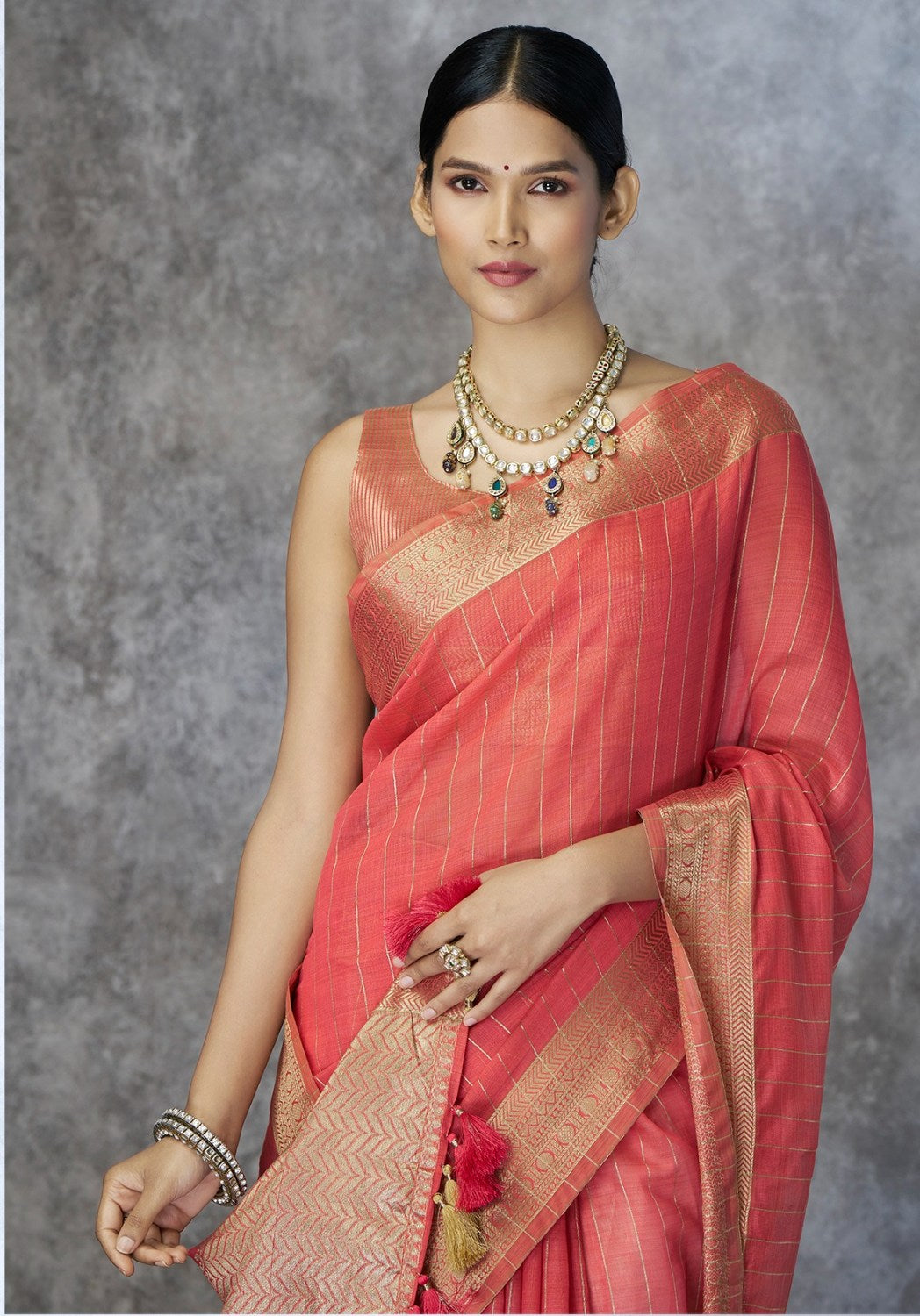 Red corron silk zari woven work saree with blouse piece