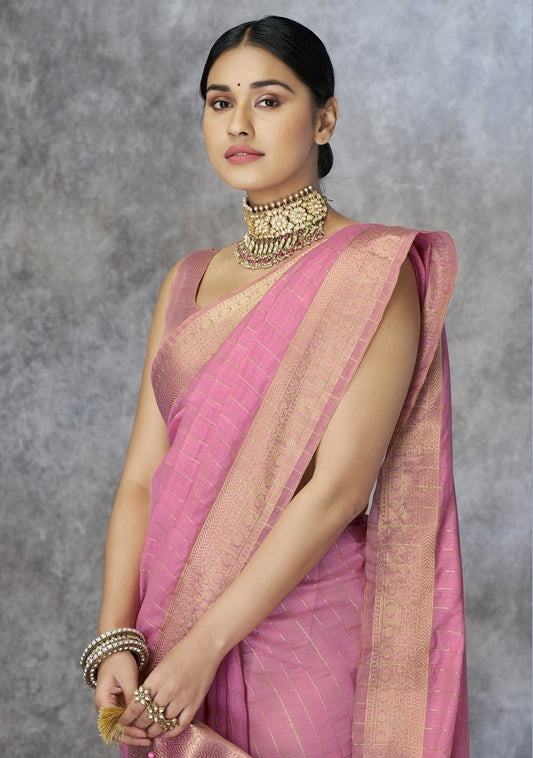 Pink corron silk zari woven work saree with blouse piece