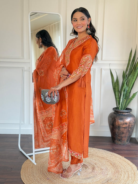 Beautiful Women's Thread work Viscose Fabric Straight Kurta, Pant and Dupatta Set