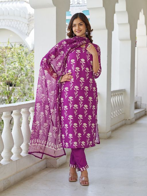 Women Beautiful Cotton Blend Fabric Printed Work Straight Kurta, Pant and Dupatta Set