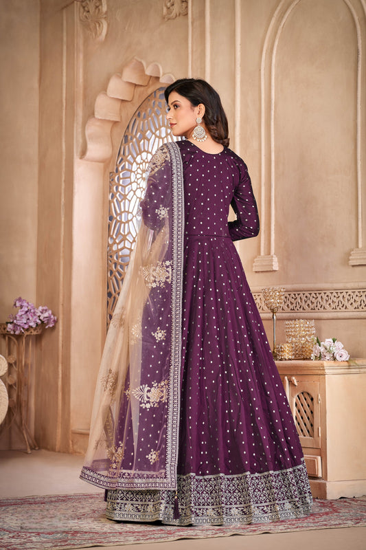 Purple Embroidered Tapeta Silk Semi Stitched Anarkali Suit