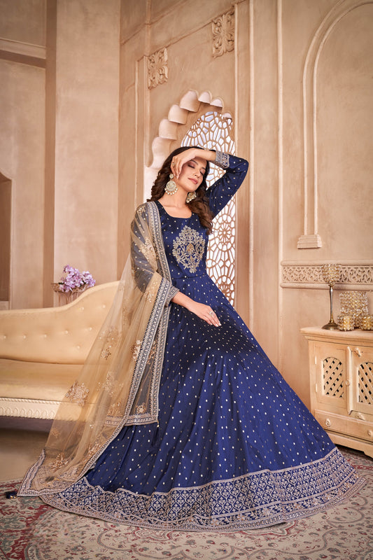 Navy Blue Embroidered Tapeta Silk Semi Stitched Anarkali Suit