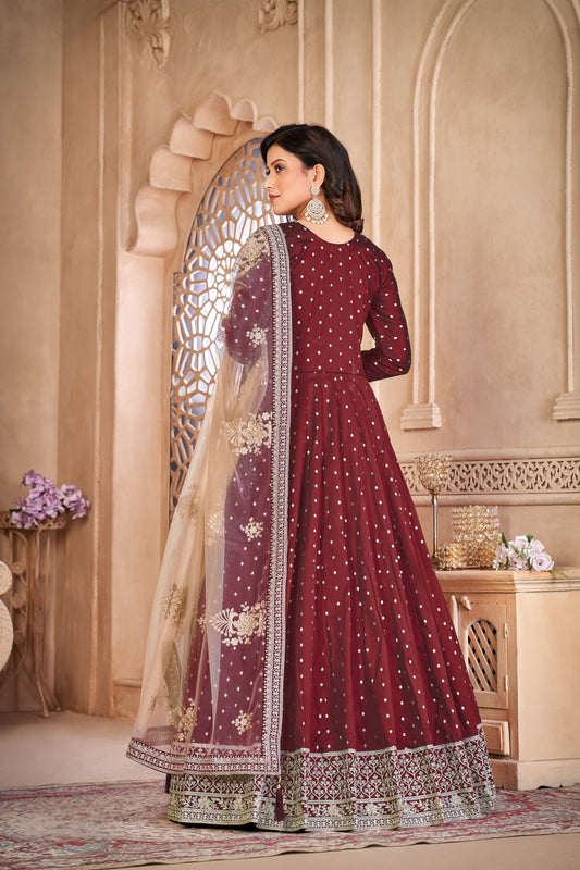 Maroon Embroidered Tapeta Silk Semi Stitched Anarkali Suit
