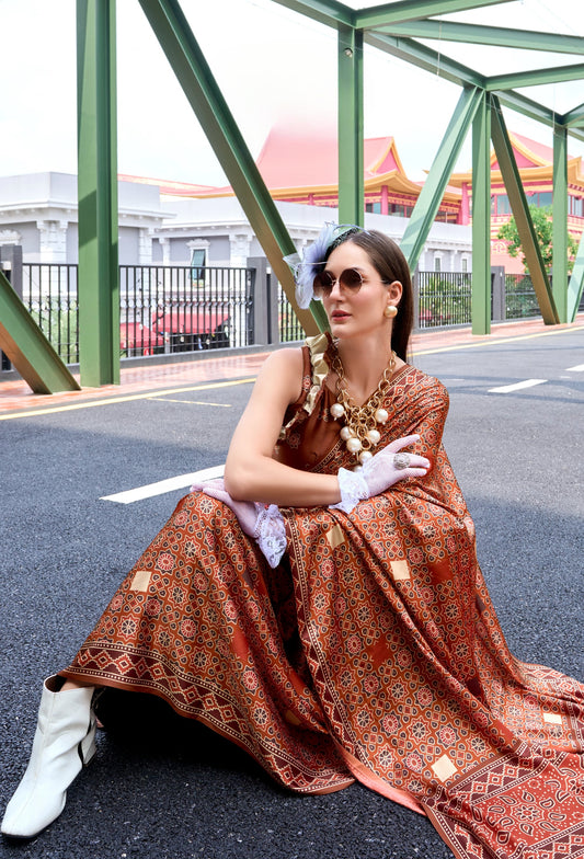 Brown Ajrakh Printed Pure Satin Silk Saree With Blouse
