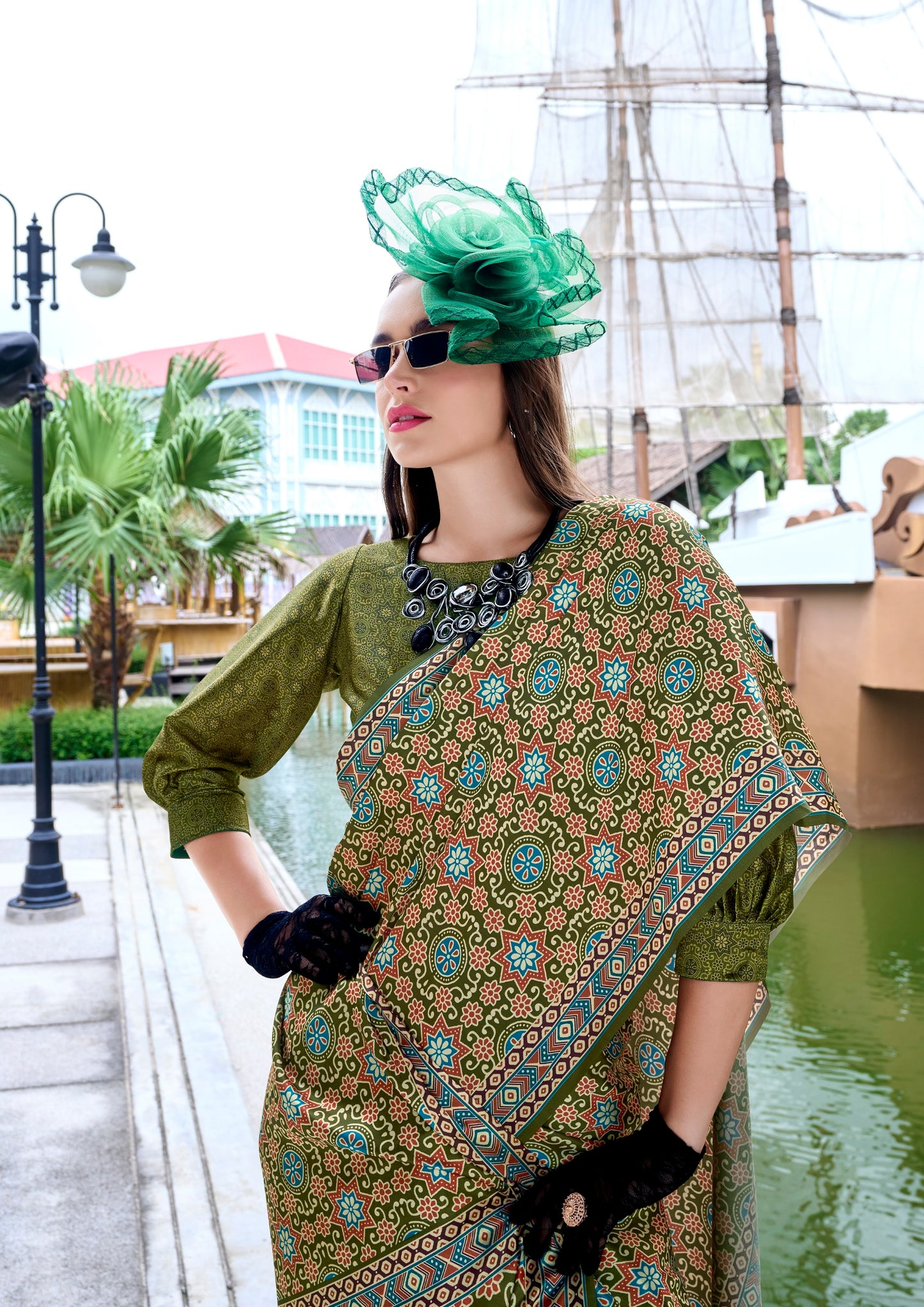Mehendi Ajrakh Printed Pure Satin Silk Saree With Blouse