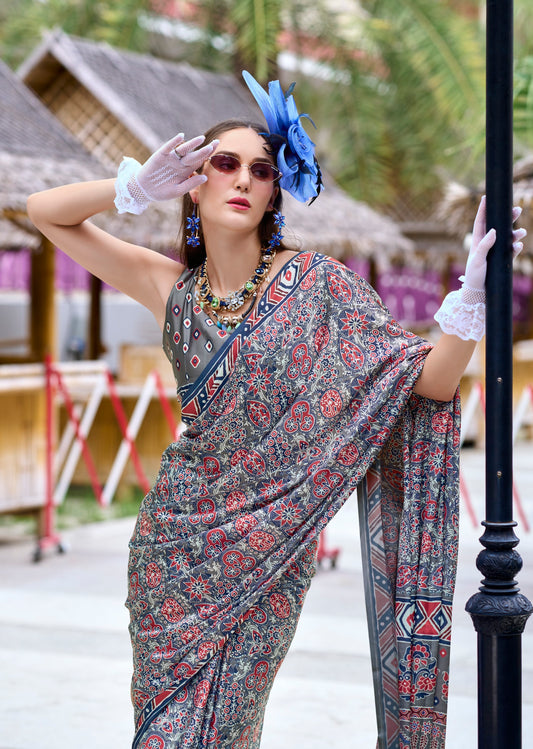 Grey Ajrakh Printed Pure Satin Silk Saree With Blouse