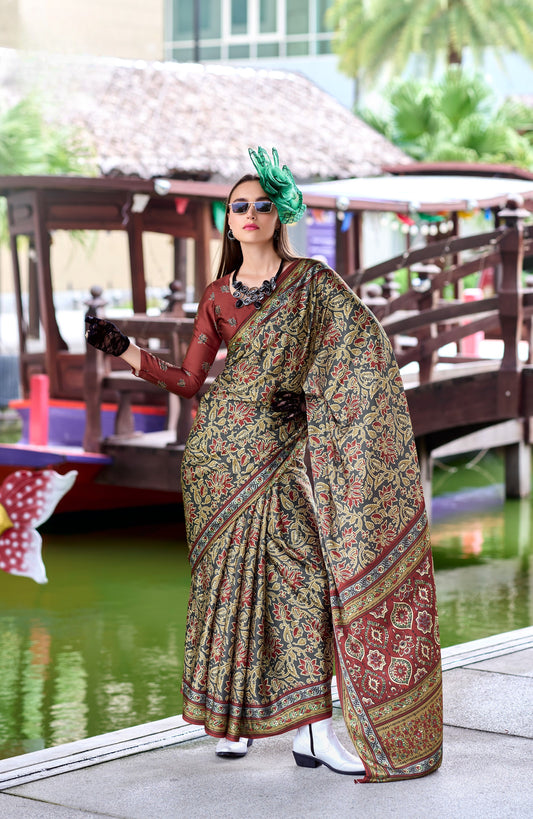 Dark Grey Ajrakh Printed Pure Satin Silk Saree With Blouse