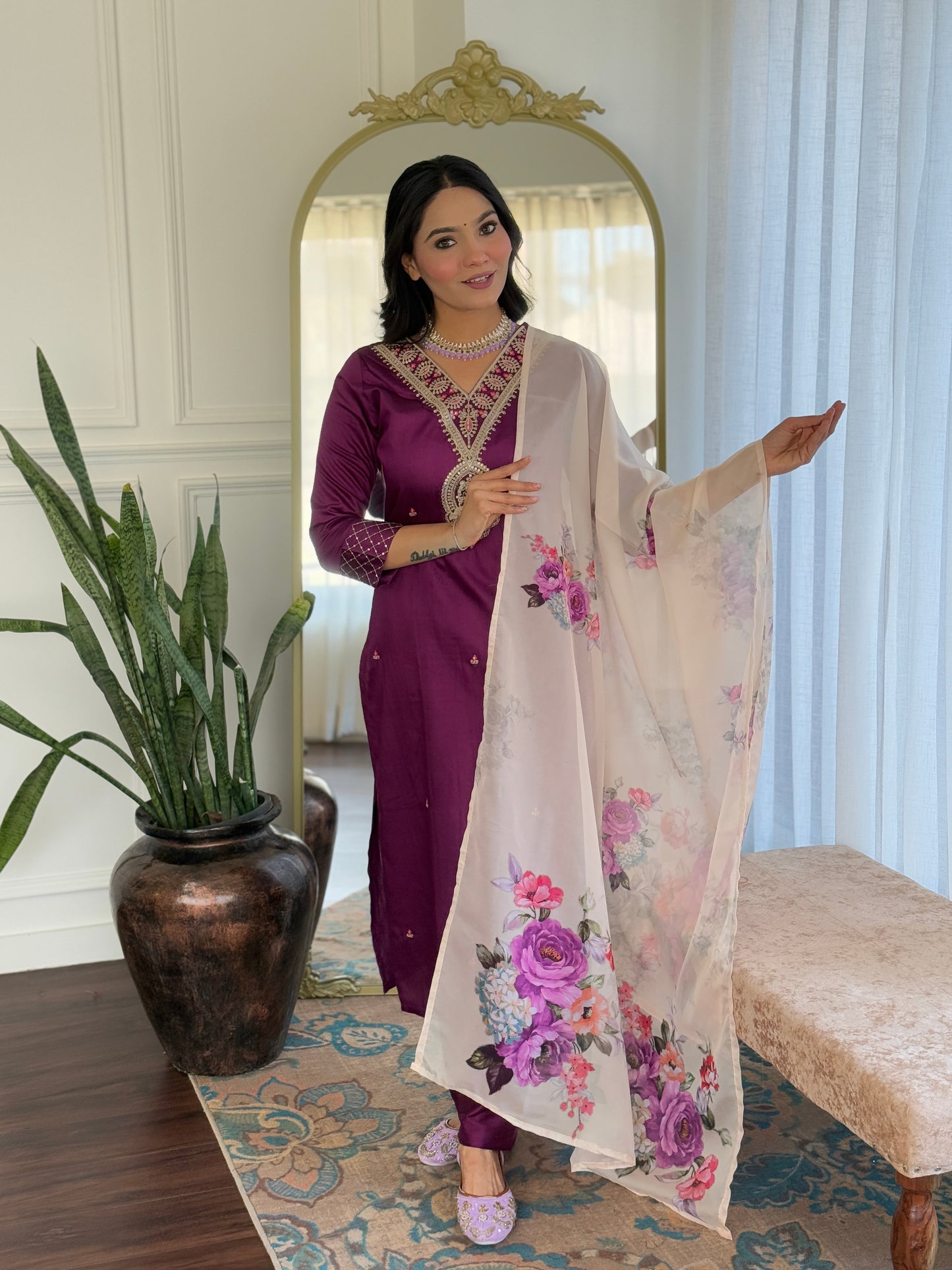Women's Rayon Slub Embroidery work Straight Kurta with Pant and Dupatta Set