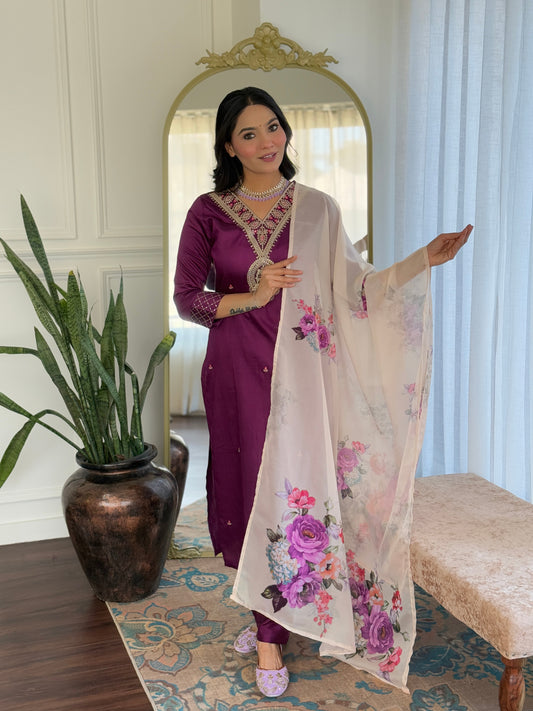 Women's Rayon Slub Embroidery work Straight Kurta with Pant and Dupatta Set