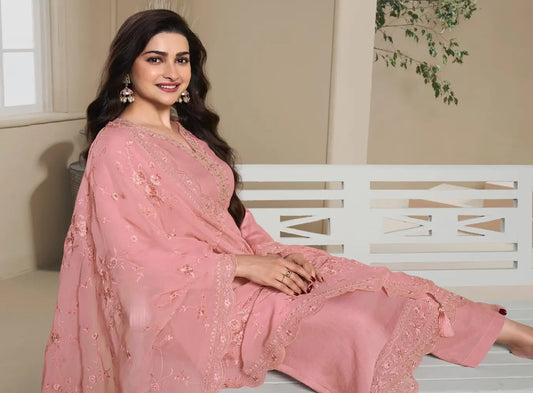 Peach Heavy Natural Crepe Semi Stitched Suit with Embroidery & Zarkhan Work