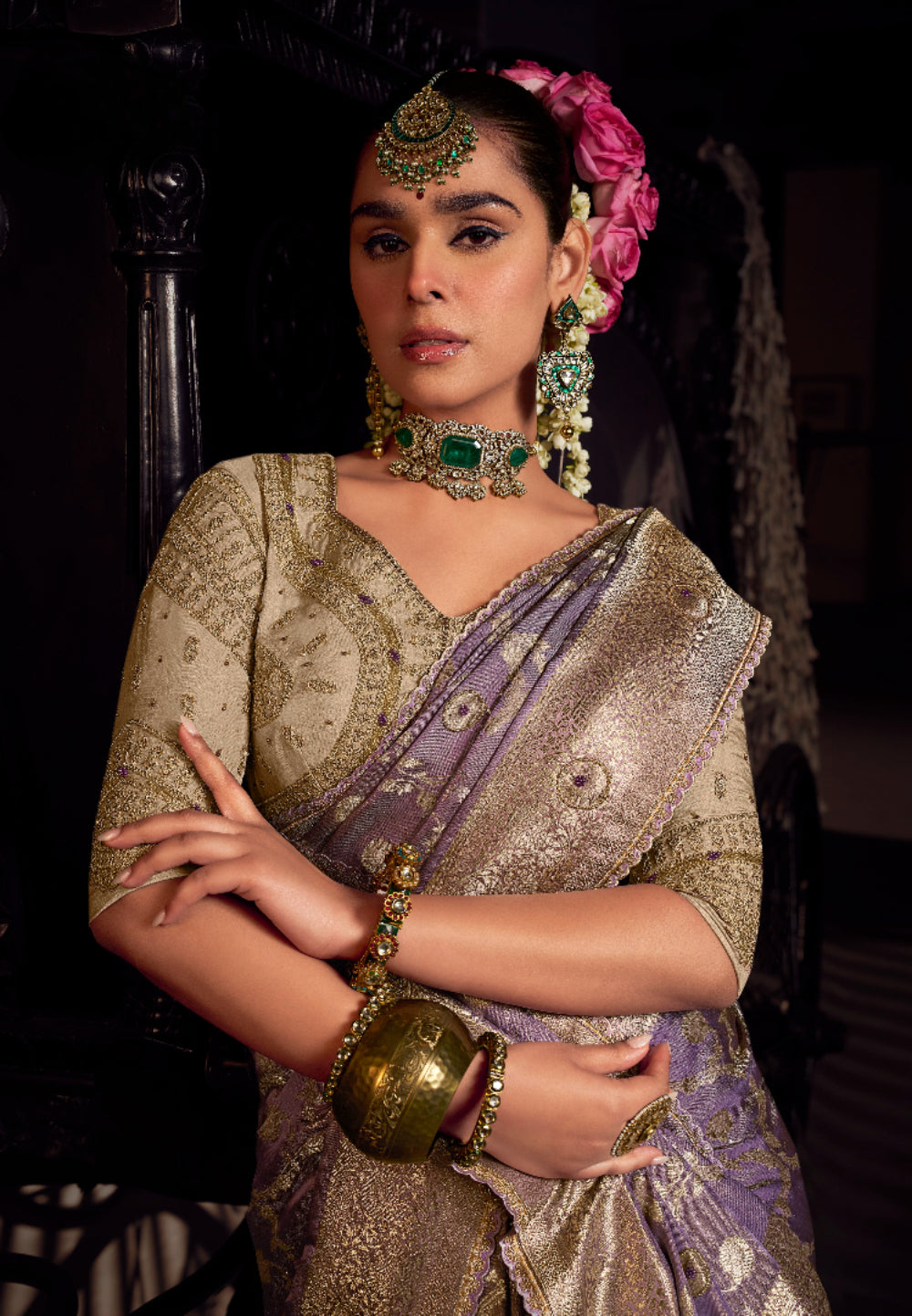 Lavender viscose tissue hanworked pallu saree with embroidered blouse piece