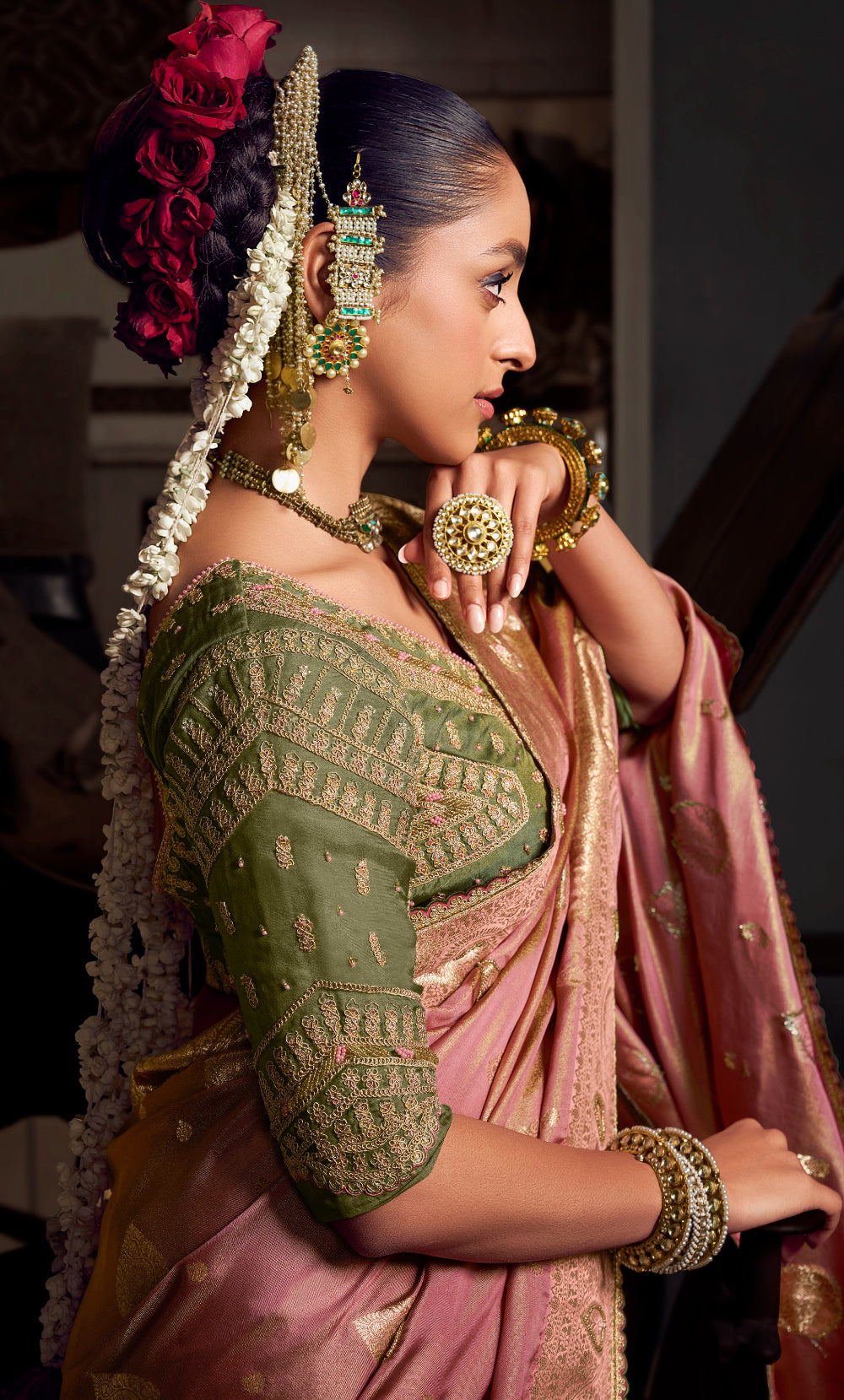 Green viscose tissue hanworked pallu saree with embroidered blouse piece