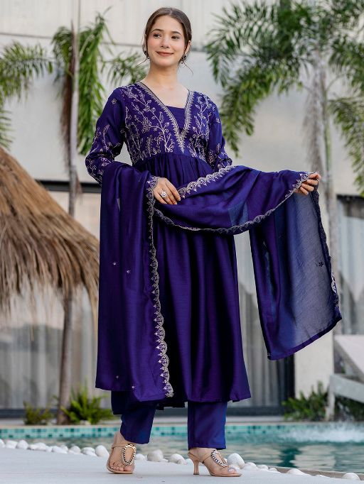 Women Beautiful Embroidery Vichitra Silk Fabric with Flared Kurta, Pant and Dupatta Set 1850