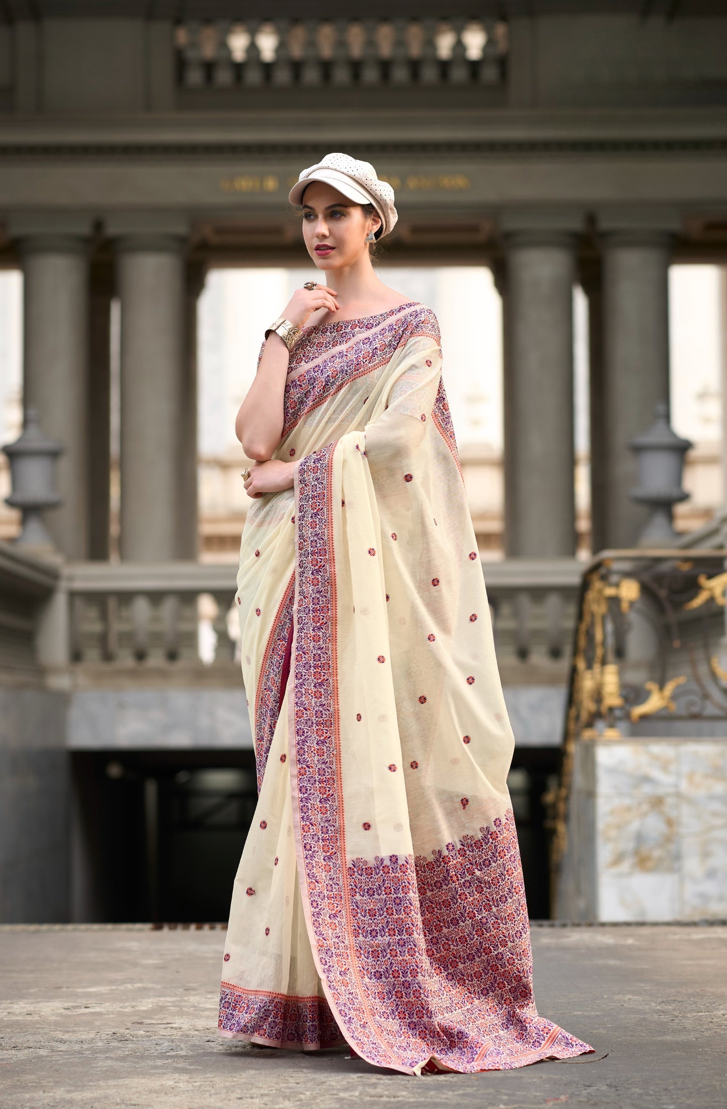 White Designer Weaving Soft Linen Saree With Blouse