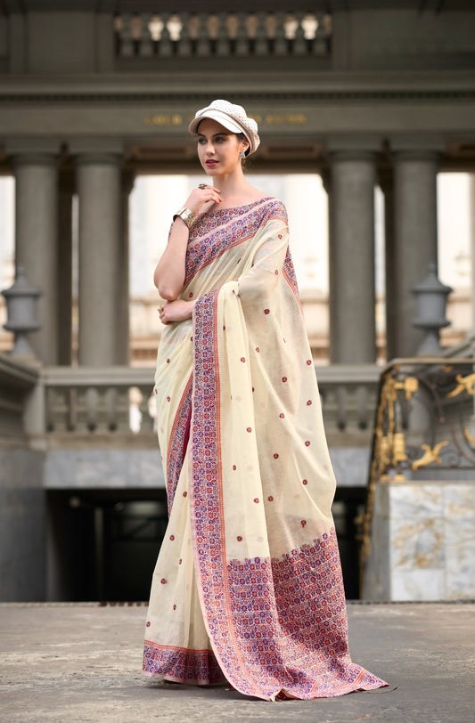 White Designer Weaving Soft Linen Saree With Blouse