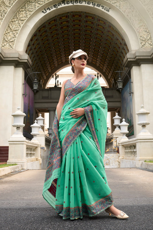 Green Designer Weaving Soft Linen Saree With Blouse