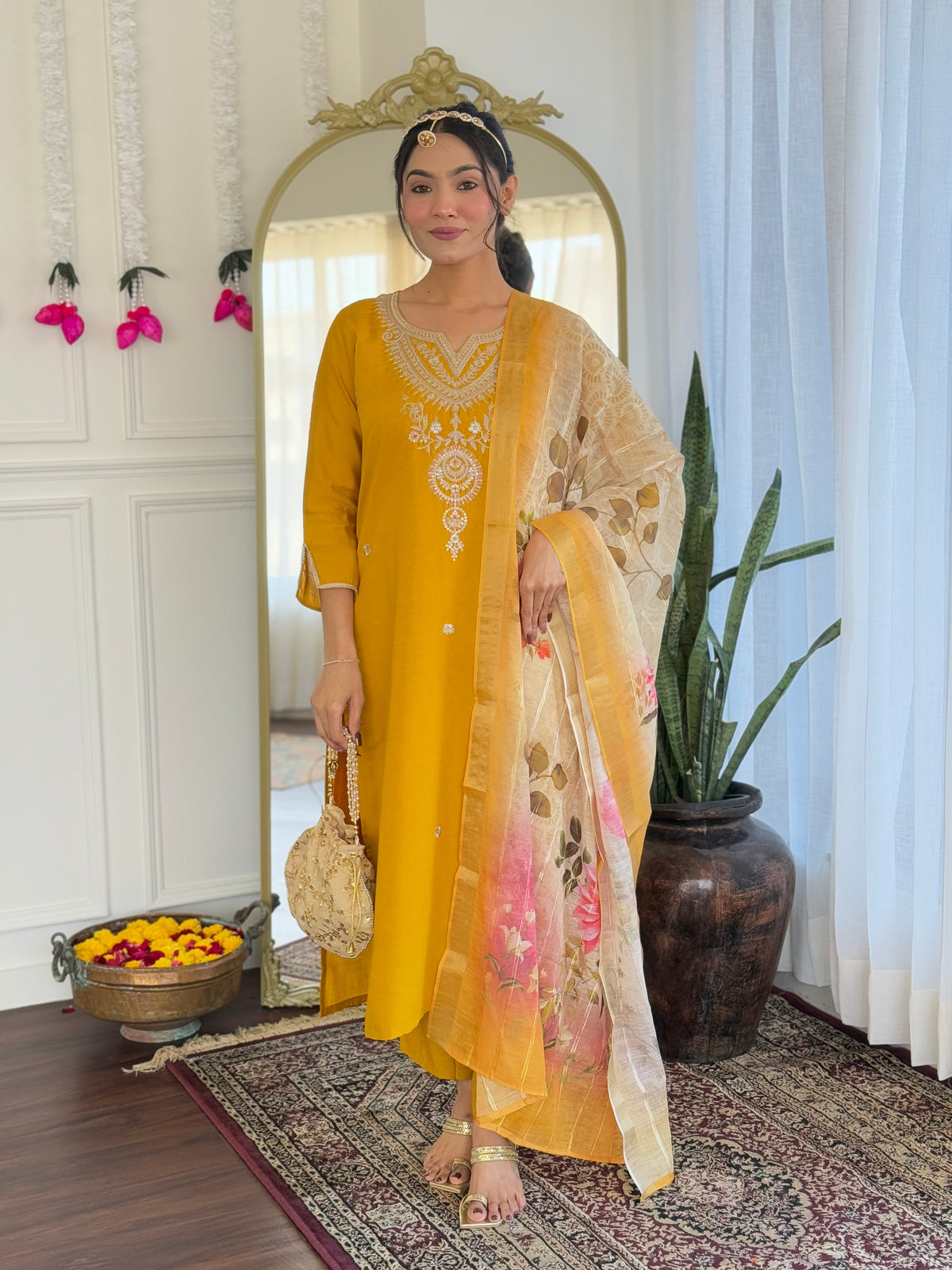 Women's Viscose Embroidery work Straight Kurta with Pant and Dupatta Set