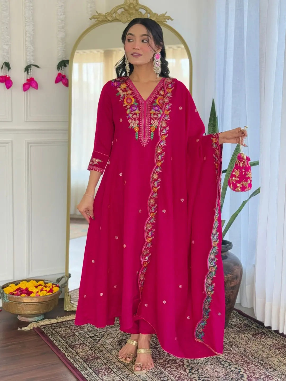 Women's Beautiful Embroidery Work Vichitra Silk Fabric Straight Kurta Pant and Dupatta Set